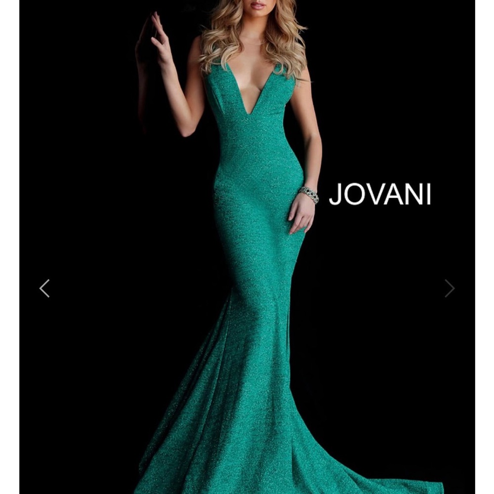 Jovani Emerald Teal Sparkle Plunging Mermaid Gown